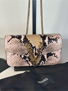 NWT Versace Pink and Black Python Crossbody Bag with Gold V Hardware